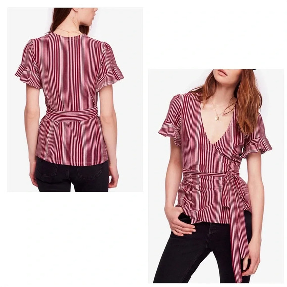 Free People NWT Wine Wrapped Around My Finger Cotton Striped Wrap Top - Picture 3 of 13